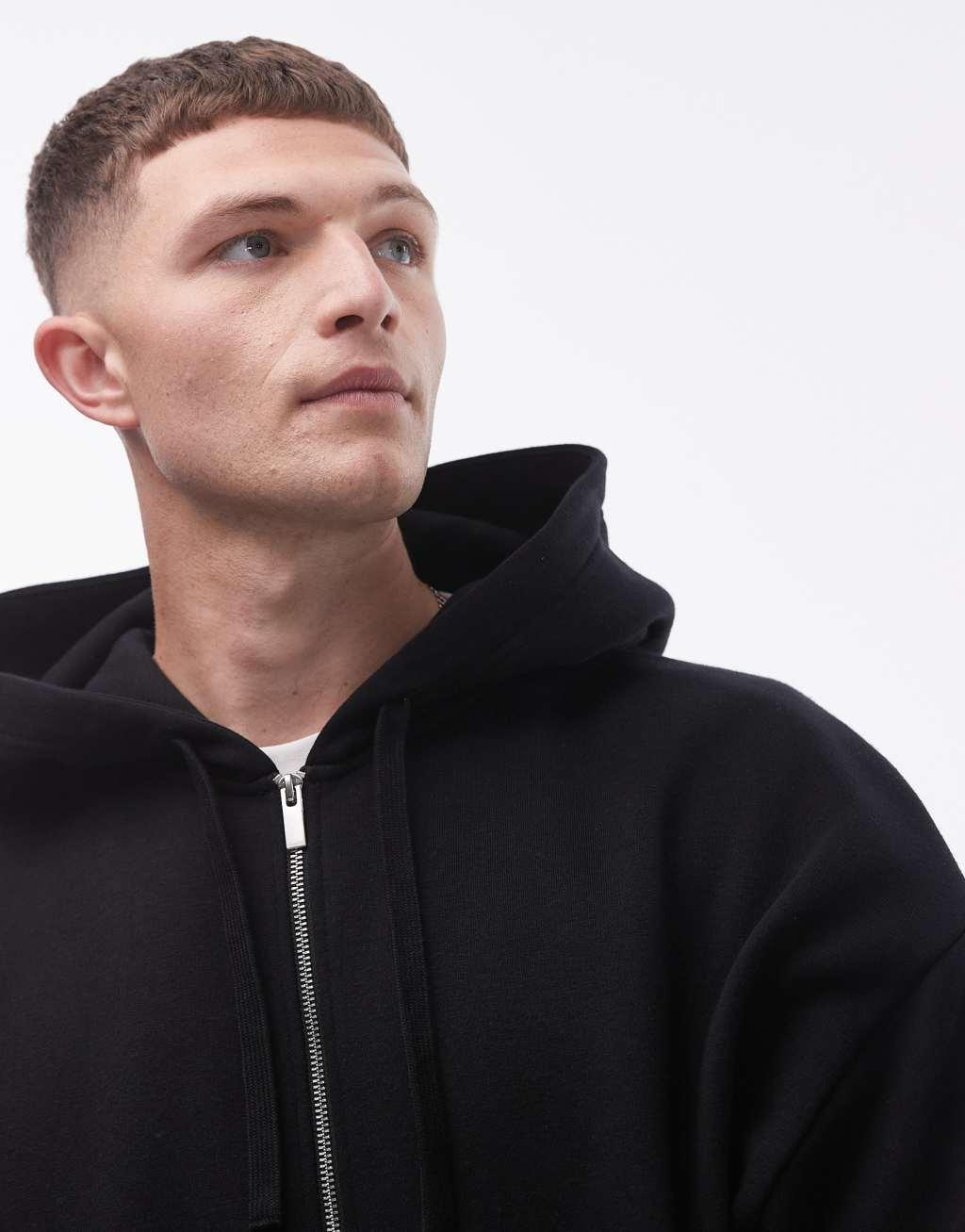 Topman oversized fit full zip hoodie in black Product Image