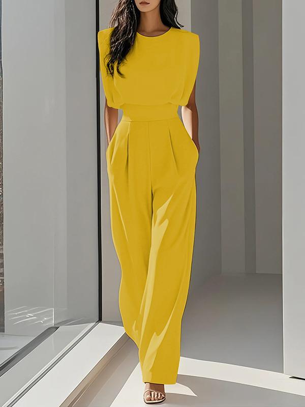 Loose Pleated Solid Color Split-Joint Round-Neck Jumpsuits Product Image