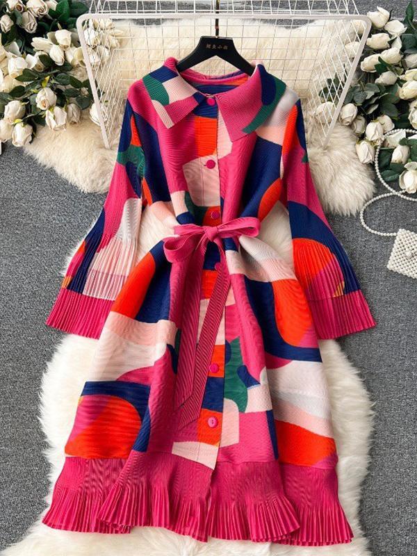 Flared Sleeves Loose Belted Contrast Color Pleated Midi Dresses Product Image