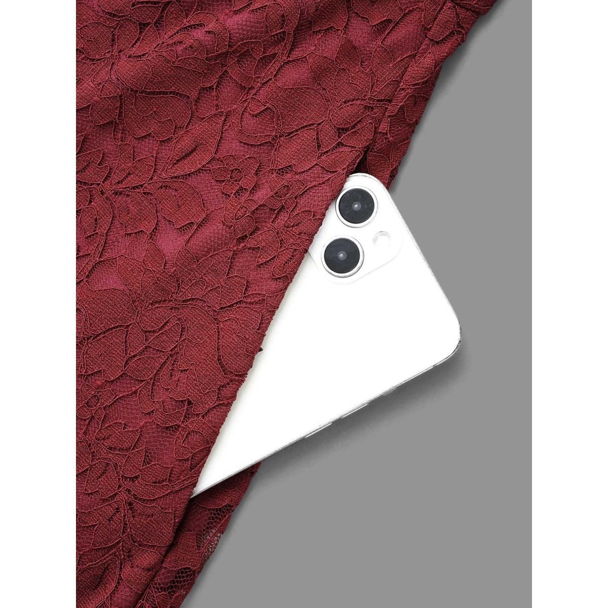 Plus Size Solid Lace Patchwork Lantern Sleeve Dress Burgundy Women Cocktail Woven ribbon&lace trim Party Curvy Bloomchic 30/6X Product Image