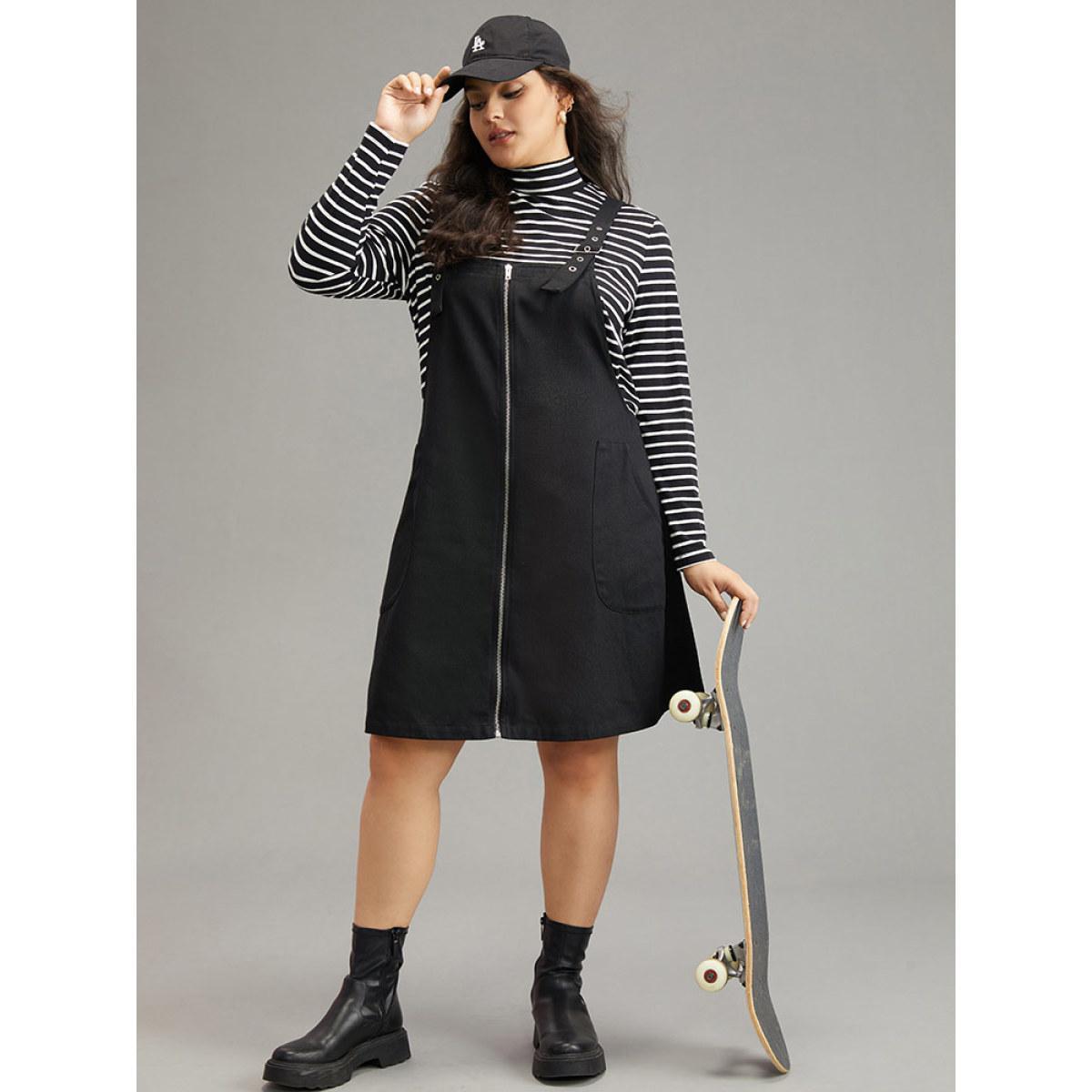 Plus Size Twill Zipper Adjustable Straps Dress Black Women Casual Adjustable Straps Spaghetti Strap Sleeveless Curvy Knee Dress BloomChic 10/M Product Image