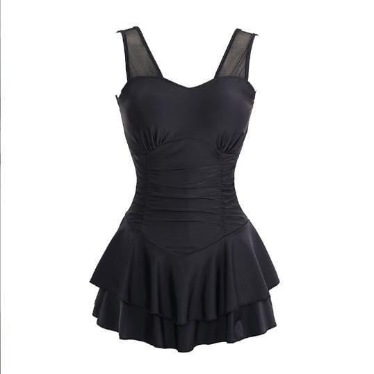 V-Neck Plain Ruffle Backless Swimsuit Product Image