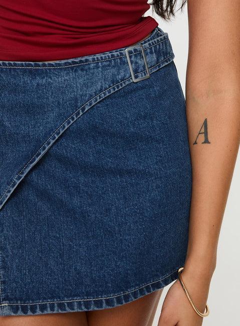 Wait Up Denim Wrap Mini Skirt Mid Wash Product Image