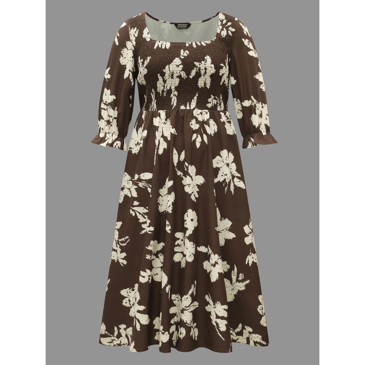Plus Size Leaf Print Square Neck Ruffled Shirred Midi Dress Browncoffeecolor Women Elegant Shirred Square Neck Elbow-length sleeve Curvy BloomChic 14-16/1X Product Image
