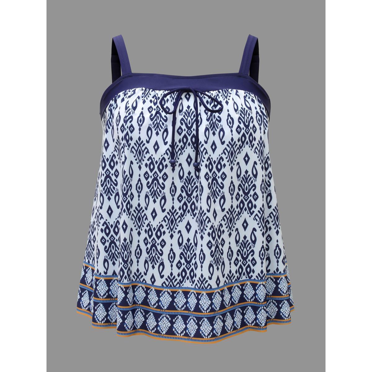Plus Size Boho Print Ties Adjustable Straps Swim Top Women's Swimwear Indigo Beach Patchwork High stretch Bodycon Square Neck Curve Swim Tops BloomChic 28/5X Product Image