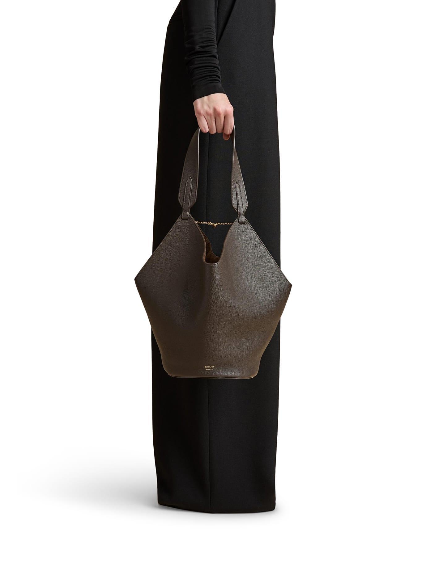 KHAITE Small Lotus Leather Top Handle Bag In Brown Product Image