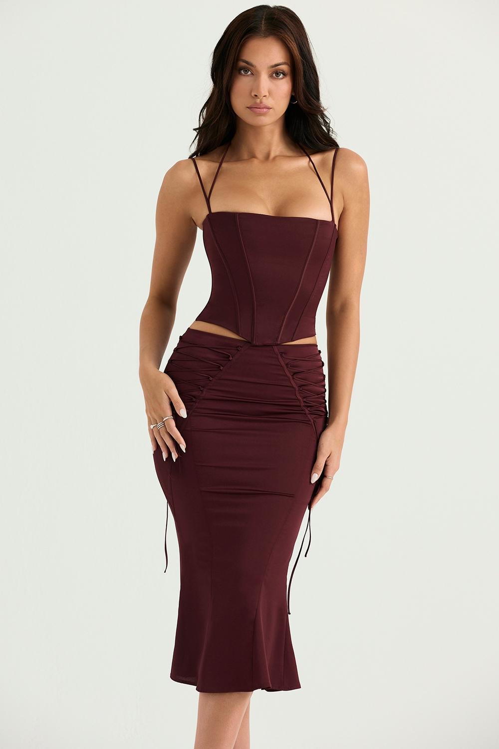 Sidonie Wine Satin Lace Up Midi Skirt Product Image