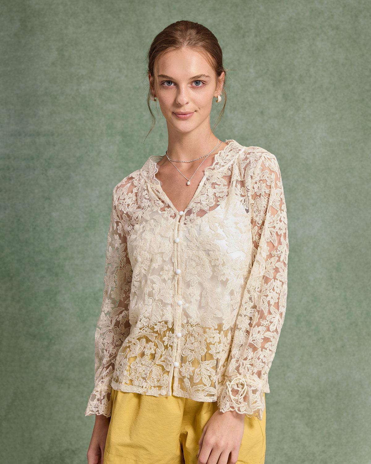 Beige V Neck Ruffle Blouse Product Image