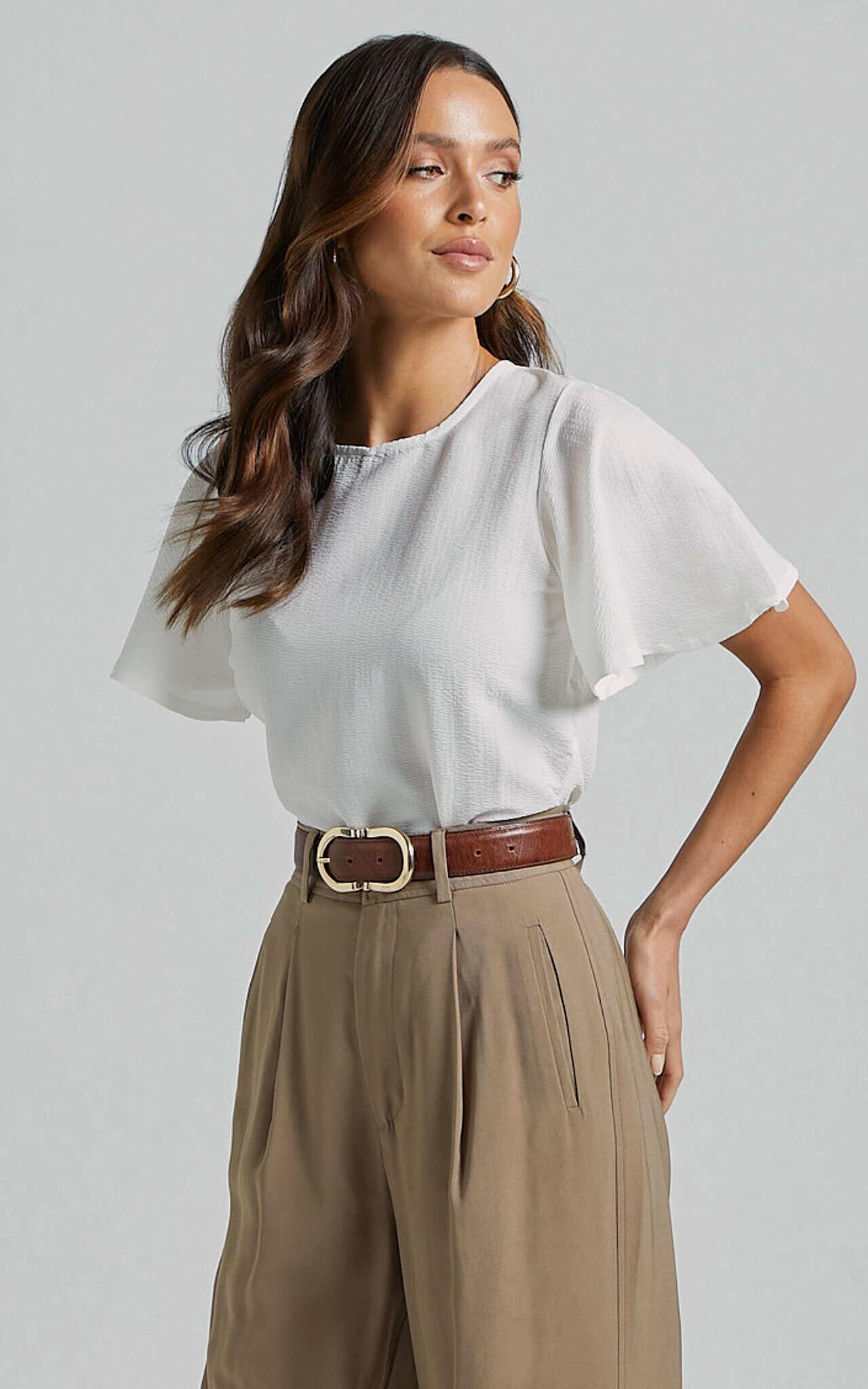 Enzo Top - Flutter Sleeve Scoop Neck Top in White Product Image