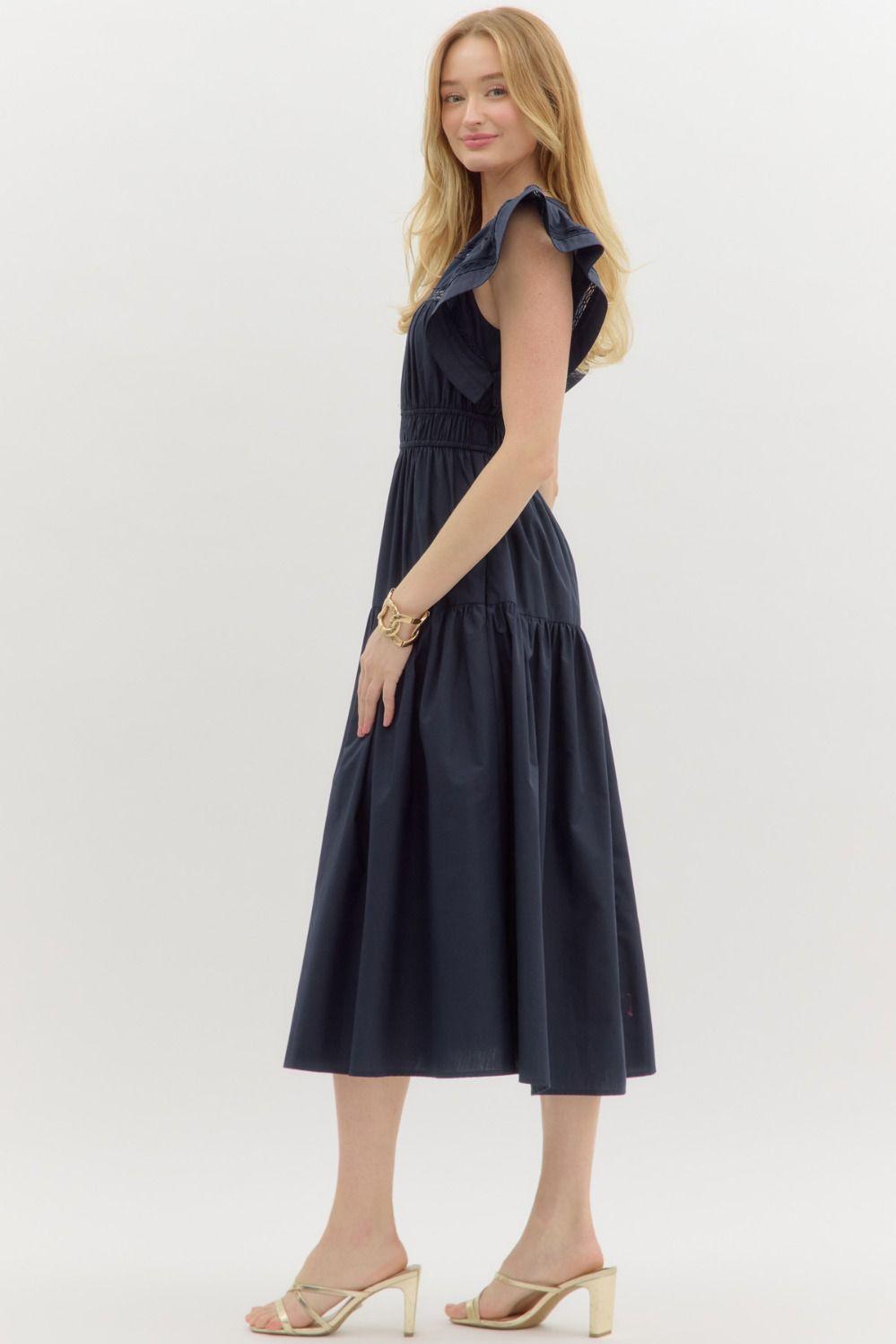 Navy Flutter Sleeve Dress Product Image