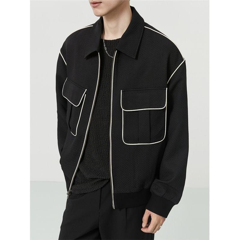 Collared Contrast Trim Zip-Up Jacket Product Image