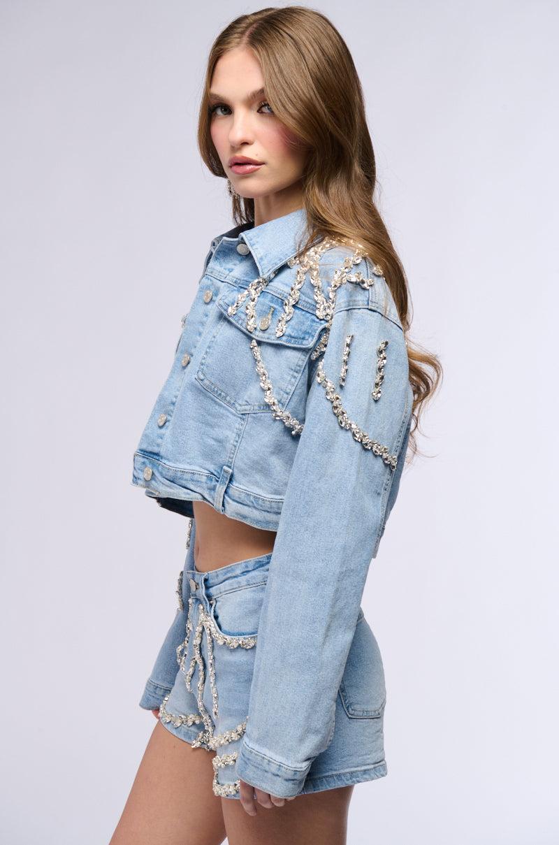 MAKE A WISH RHINESTONE EMBELLISHED DENIM JACKET Product Image