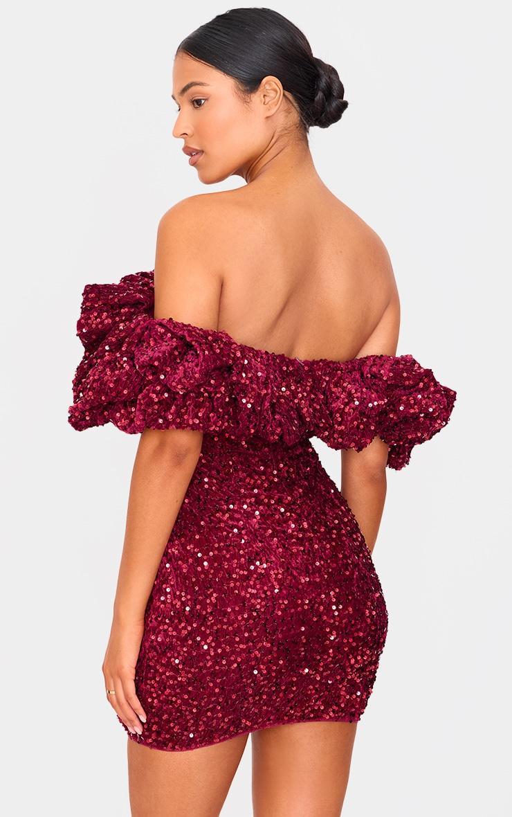 Tall Burgundy Velvet Sequin Extreme Ruffle Mini Dress Product Image