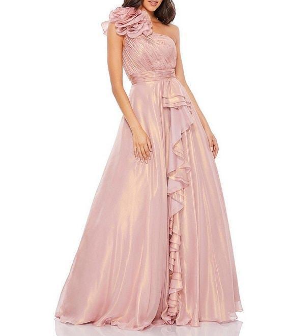 Mac Duggal Iridescent One Shoulder Rosette Ruffled Sleeveless Gown Product Image
