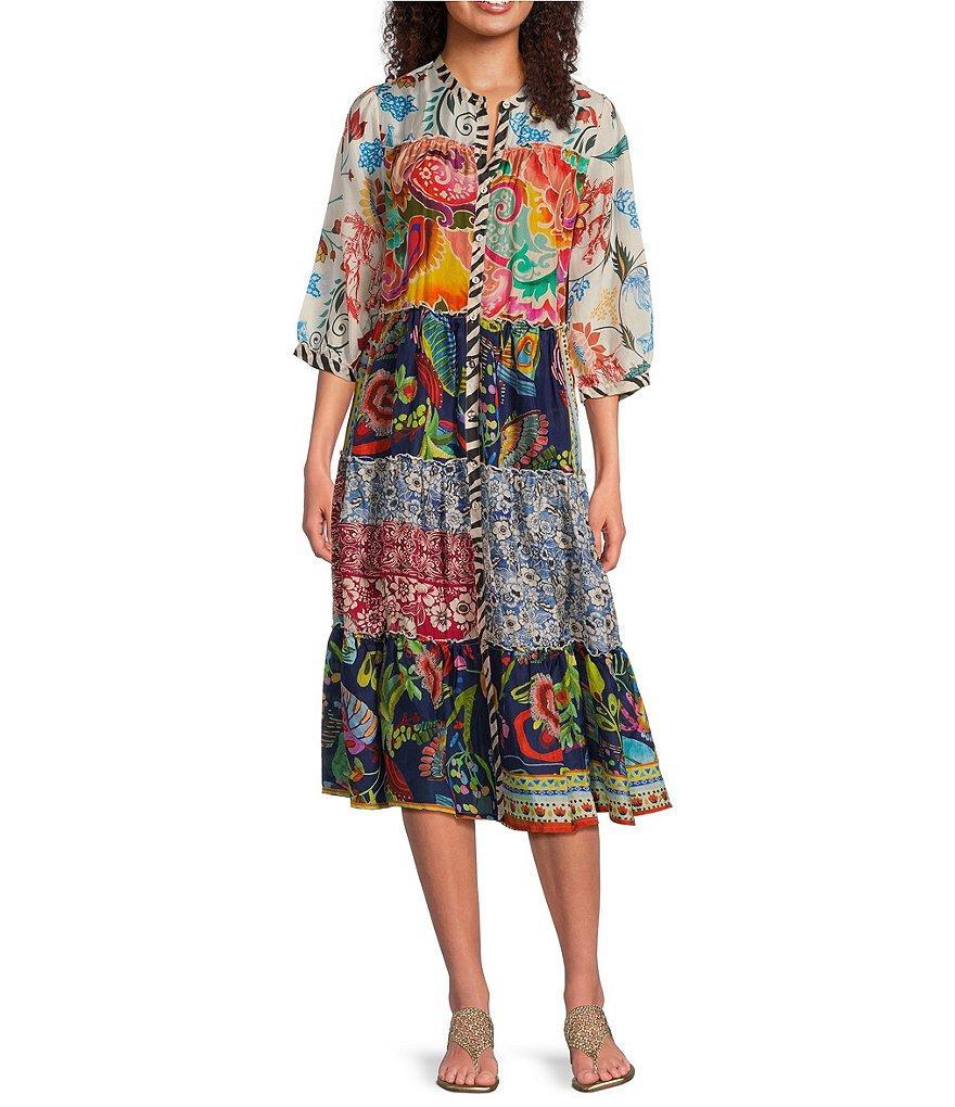 JOHNNY WAS Regia Silk Patchwork Boho Print Split V-Neck 3/4 Sleeve Button Front Tiered Midi Dress Product Image