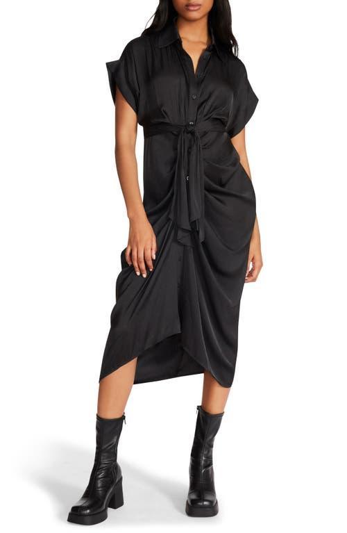 Steve Madden Tori Satin Point Collar Short Kimono Cuff Sleeve Belted Ruched Front Asymmetrical Hem Midi Shirt Dress Product Image