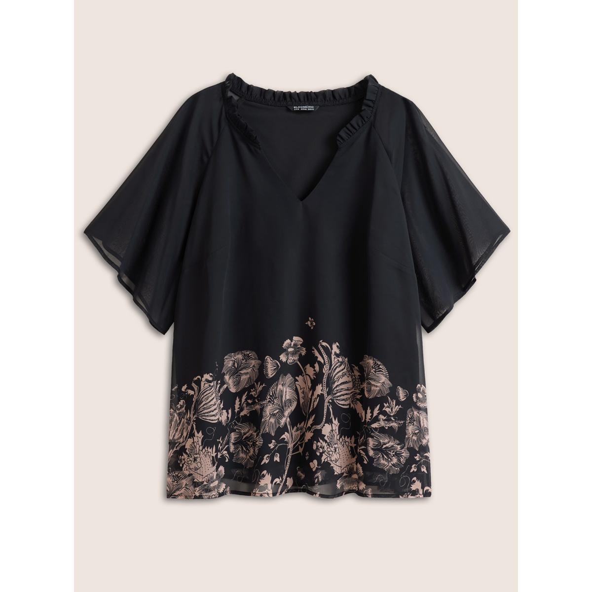 Plus Size Black Boho Print Patchwork Mesh Frill Trim Blouse Women Resort Half Sleeve Notched collar Vacation Blouses BloomChic 12/L Product Image