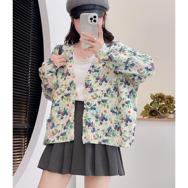 V-Neck Floral Print Button-Up Cardigan Product Image