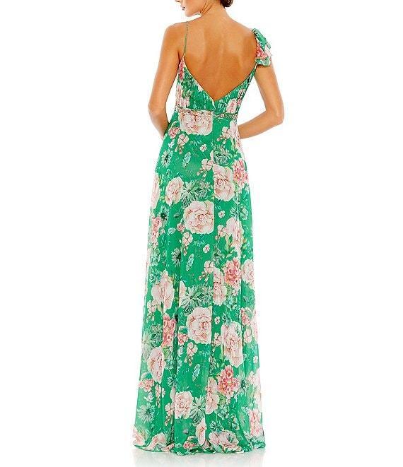 Mac Duggal V-Neck Ruffle Front Floral Print Chiffon A-Line Gown Product Image