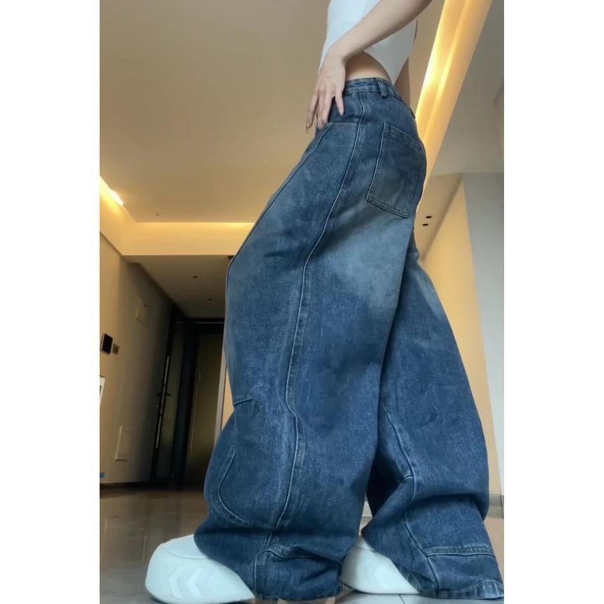 Low Waist Washed Wide Leg Jeans Product Image