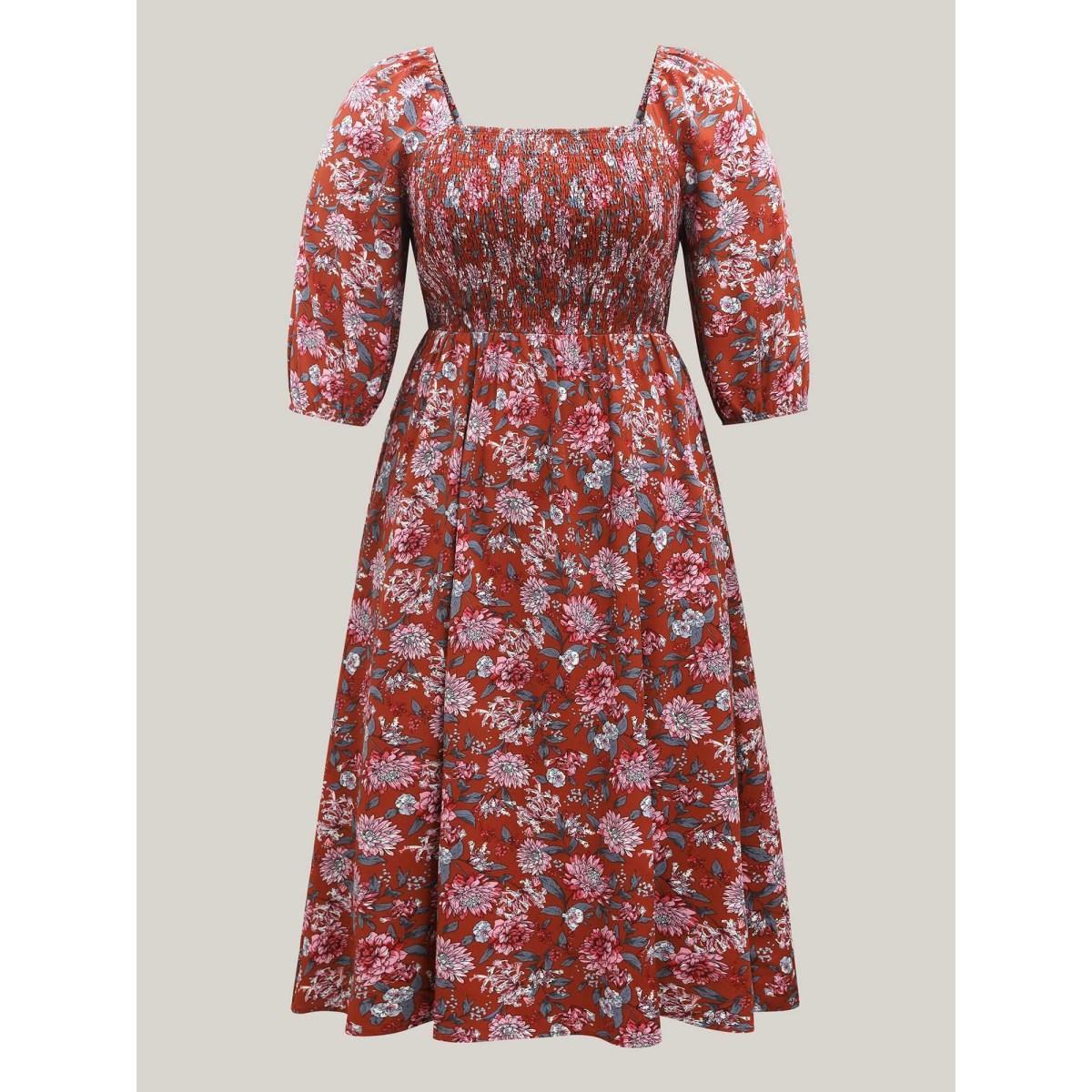 Plus Size Flirty Floral Print Shirred Pockets Midi Dress Scarlet Women Elegant Square Neck Elbow-length sleeve Curvy BloomChic 18-20/2X Product Image