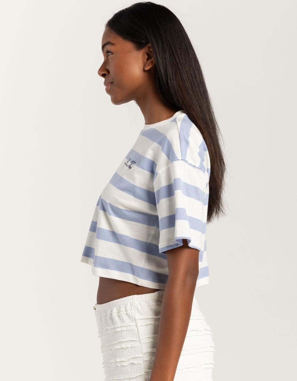 FULL TILT Stripe Saint Tropez Embroidered Womens Crop Tee - LIGHT BLUE Product Image