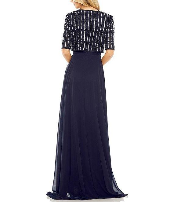 Mac Duggal Crew Neck Half Sleeve Beaded Bodice A-Line Gown Product Image