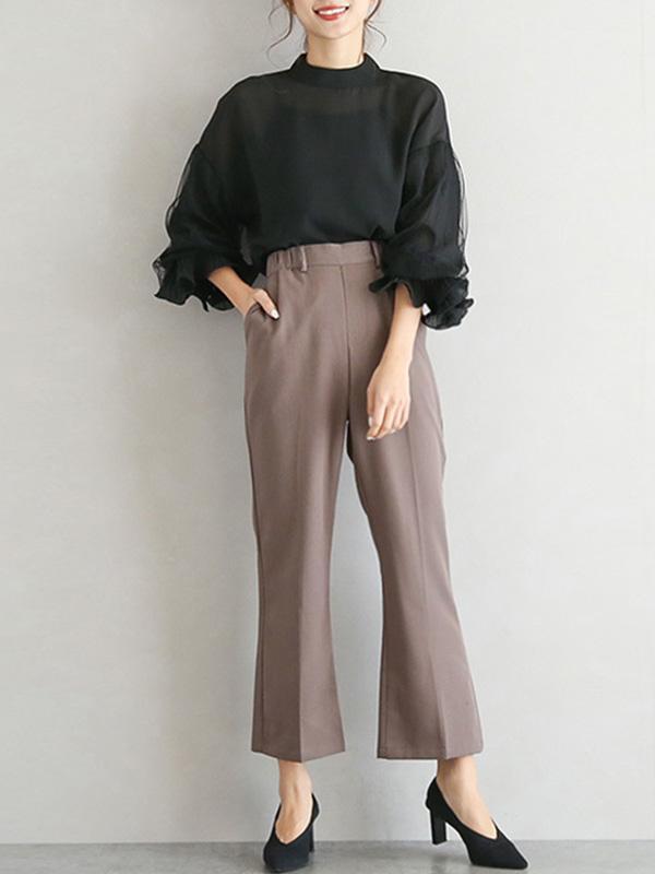 Simple Solid Color Puff Sleeve Mesh Splicing Chiffon Shirt Product Image