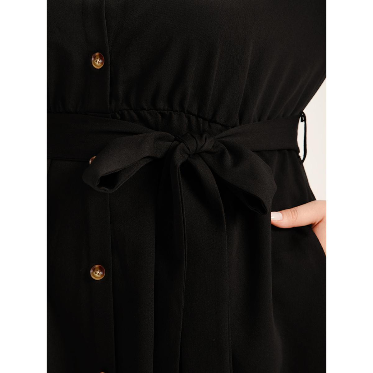 Plus Size Solid Shirt Collar Button Up Belted Arc Hem Dress Black Women Office Belted Shirt collar Long Sleeve Curvy Midi Dress BloomChic 22-24/3X Product Image