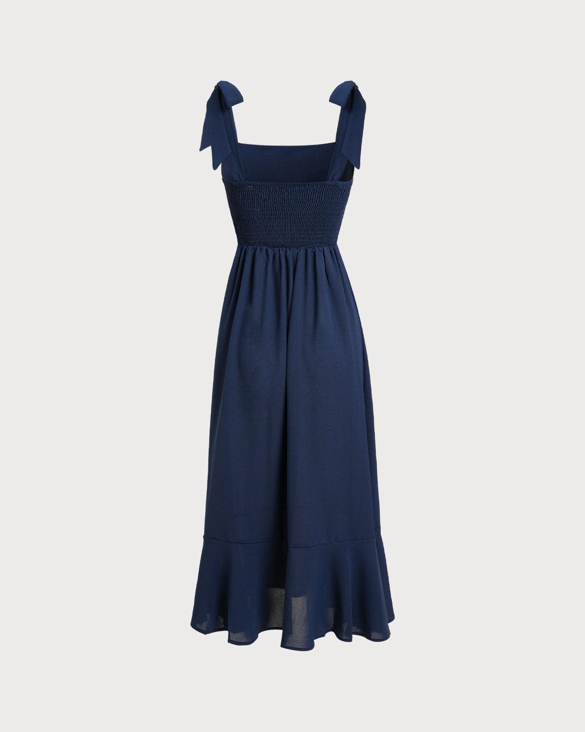 Navy Square Neck A-Line Shirred Midi Dress Product Image