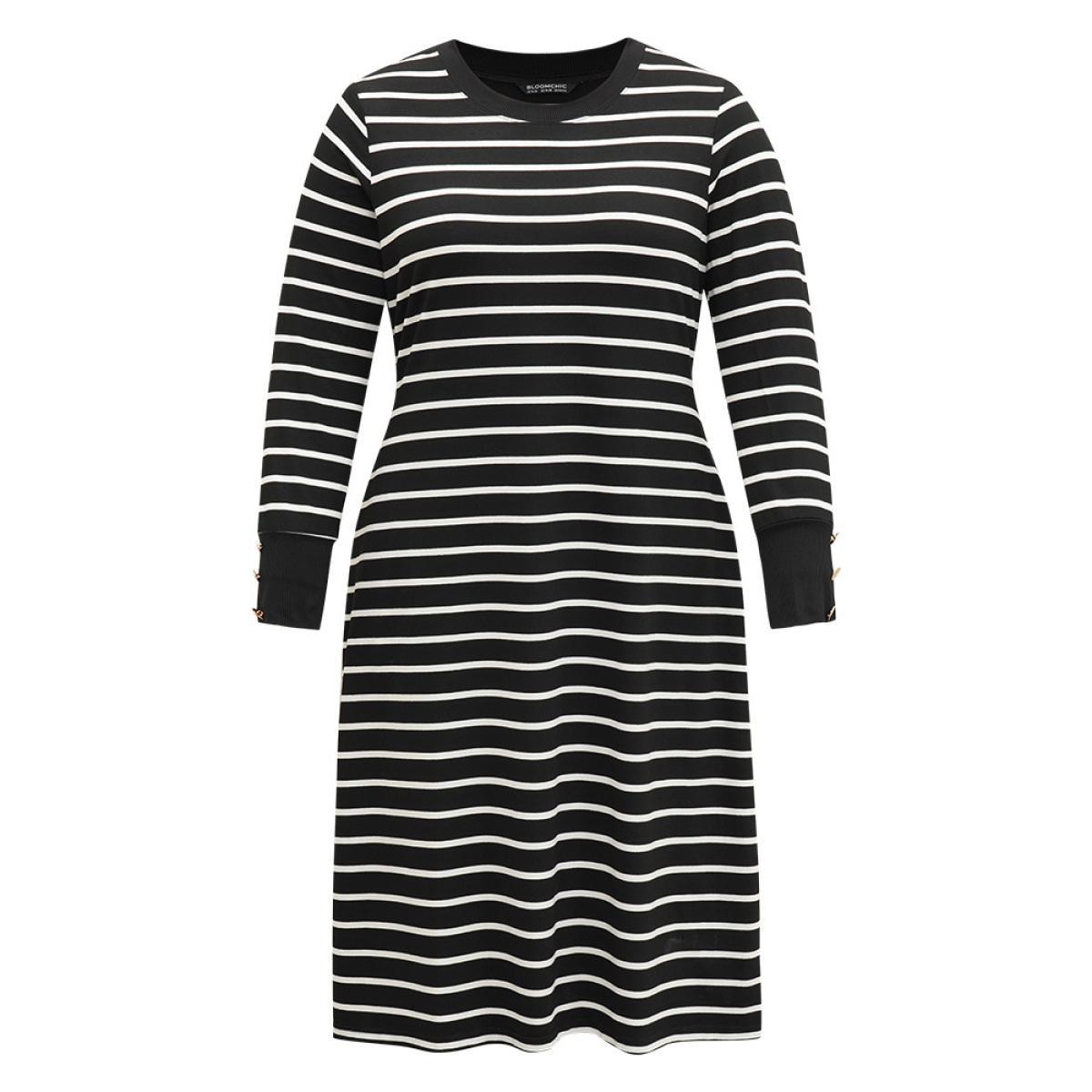 Plus Size Rib Knit Striped Button Detail Patchwork Dress Black Women Casual Printed Round Neck Long Sleeve Curvy Midi Dress BloomChic 30/6X Product Image