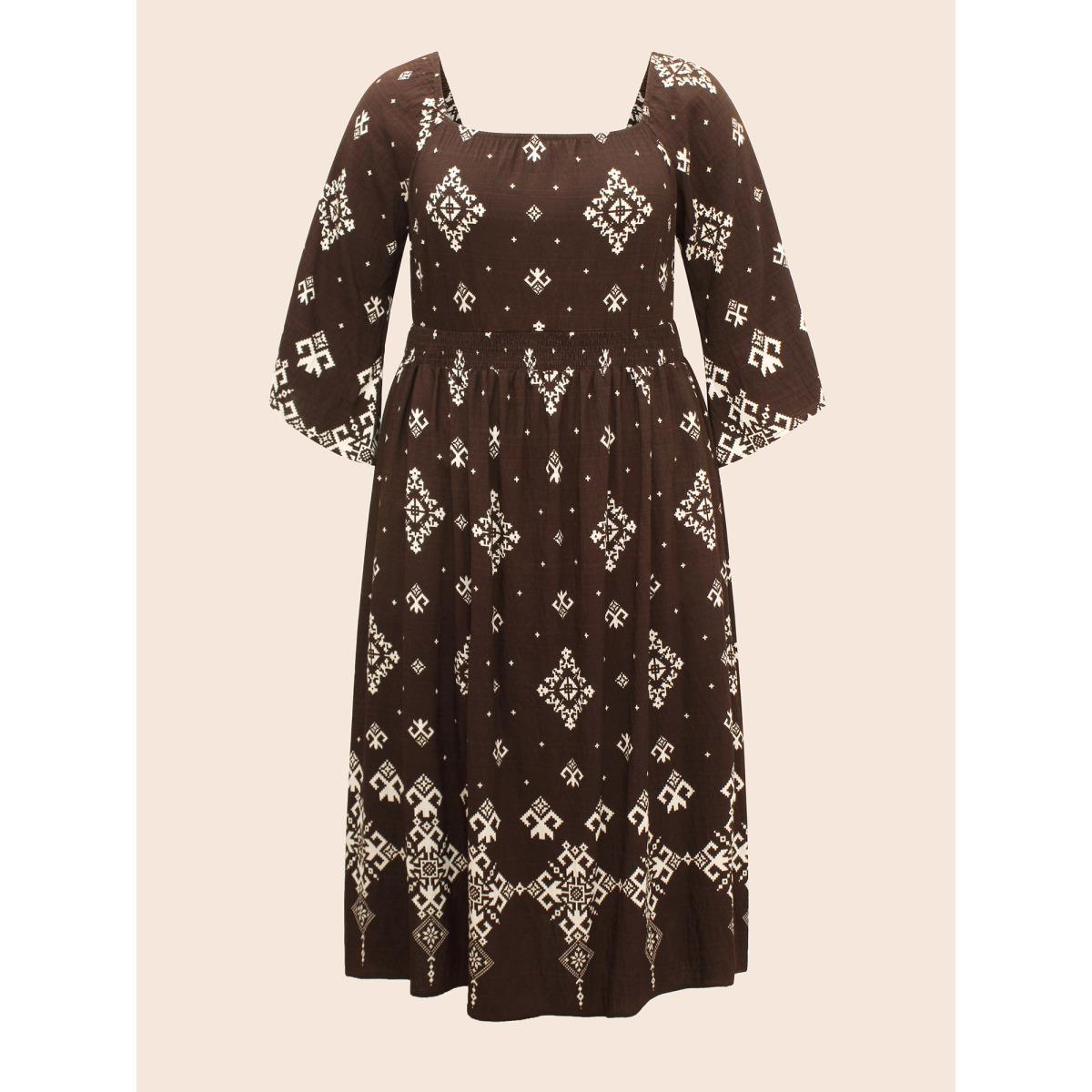 Plus Size Boho Print Square Neck Shirred Dress DarkBrown Women Resort Shirred Square Neck Elbow-length sleeve Curvy BloomChic 28/5X Product Image