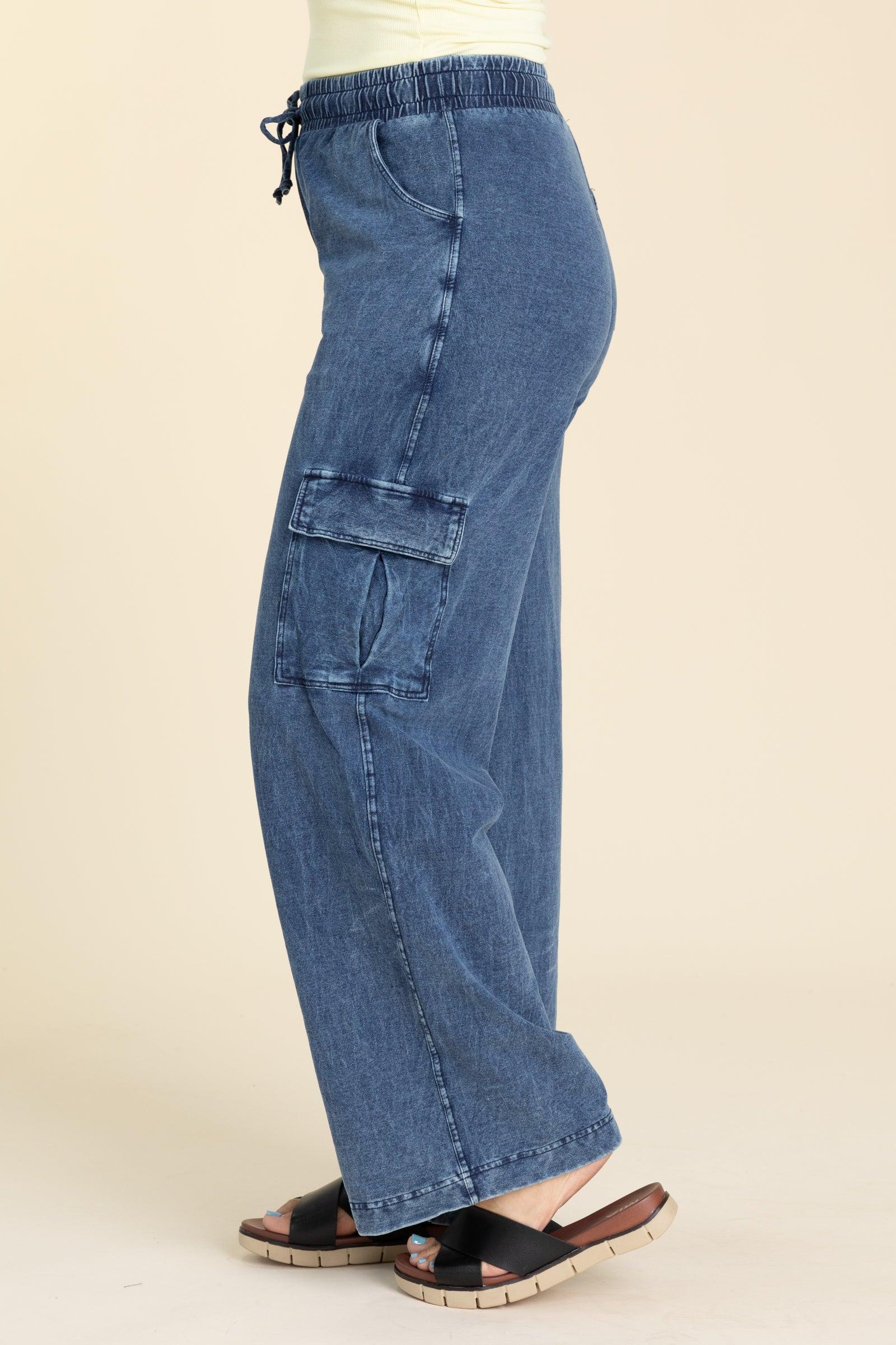 Blue Mineral Wash Wide Leg Cotton Cargo Pants Product Image