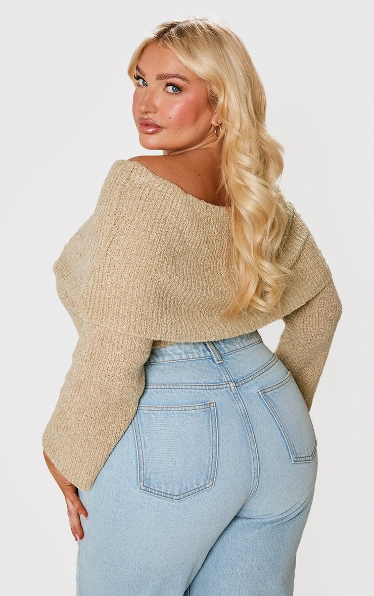 Plus Deep Nude Bardot Boucle Knit Crop Top Product Image