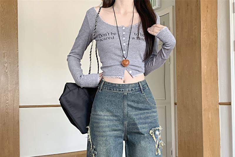 Mid Waist Butterfly Applique Washed Wide Leg Jeans Product Image