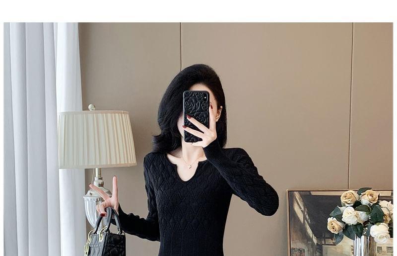 Long-Sleeve Notch Neck Plain Knit Mermaid Dress Product Image