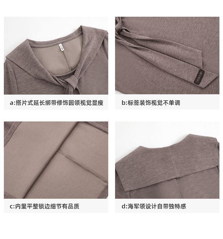 Long-Sleeve Tie-Neck Plain Midi A-Line Dress Product Image