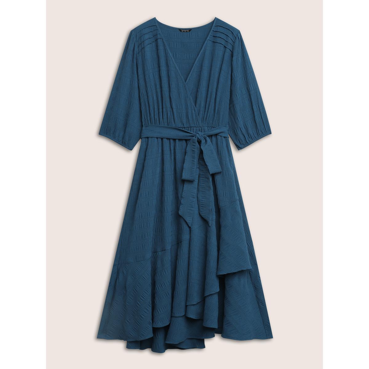 Plus Size Plisse Overlap Collar Belted Pleated Detail Dress Aegean Women At the Office Non Overlap Collar Elbow-length sleeve Curvy Midi Dress BloomChic 10/M Product Image