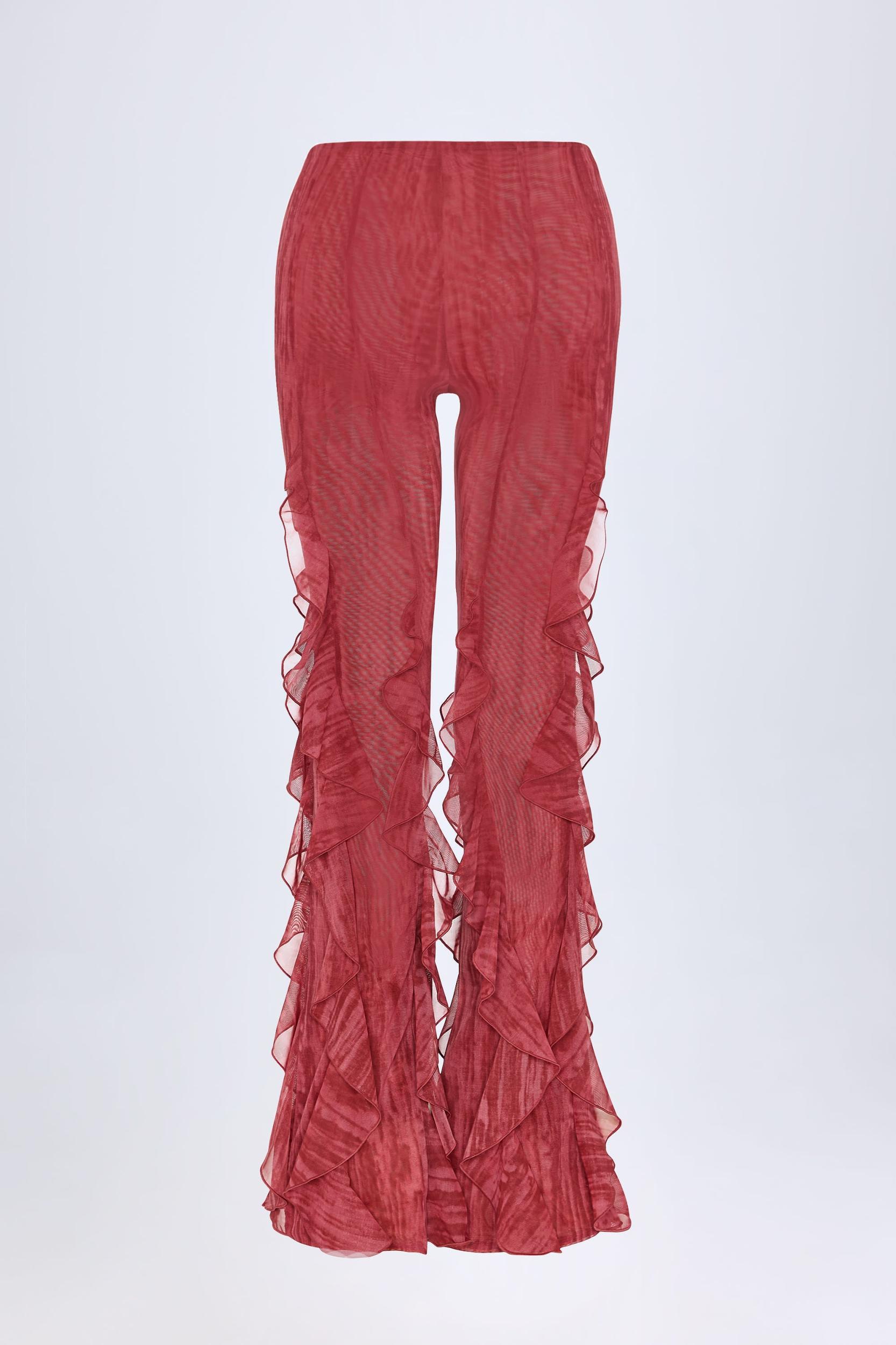 Ruffled Mid-Rise Flared Trousers in Red Print Female Product Image