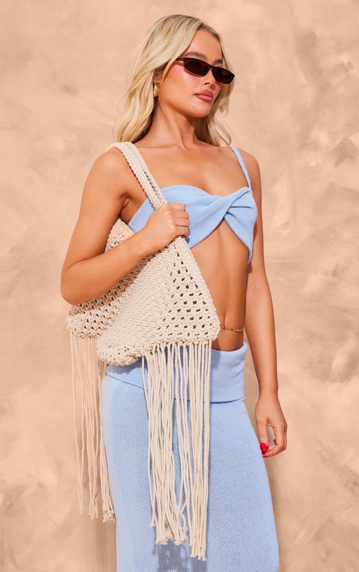 Cream Crochet Shoulder Tassel Beach Bag Product Image