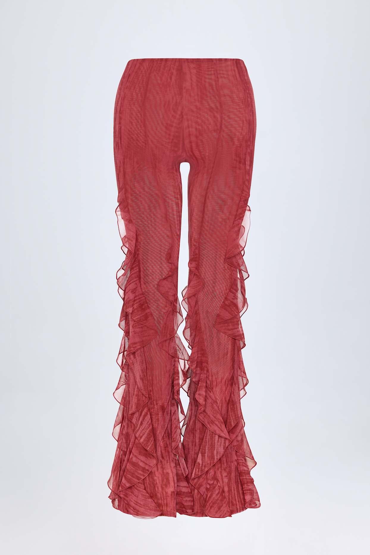 Ruffled Mid-Rise Flared Trousers in Red Print Female Product Image