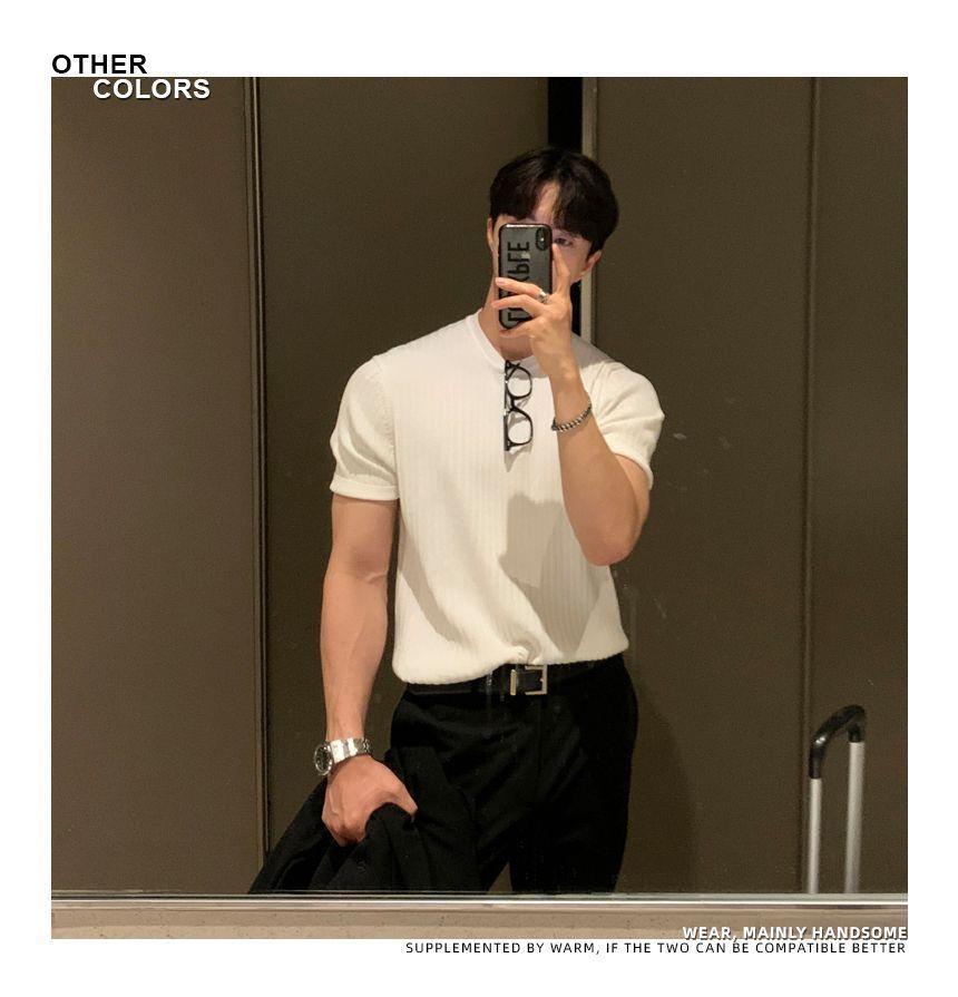 Short-Sleeve Crew Neck Plain Knit Top Product Image