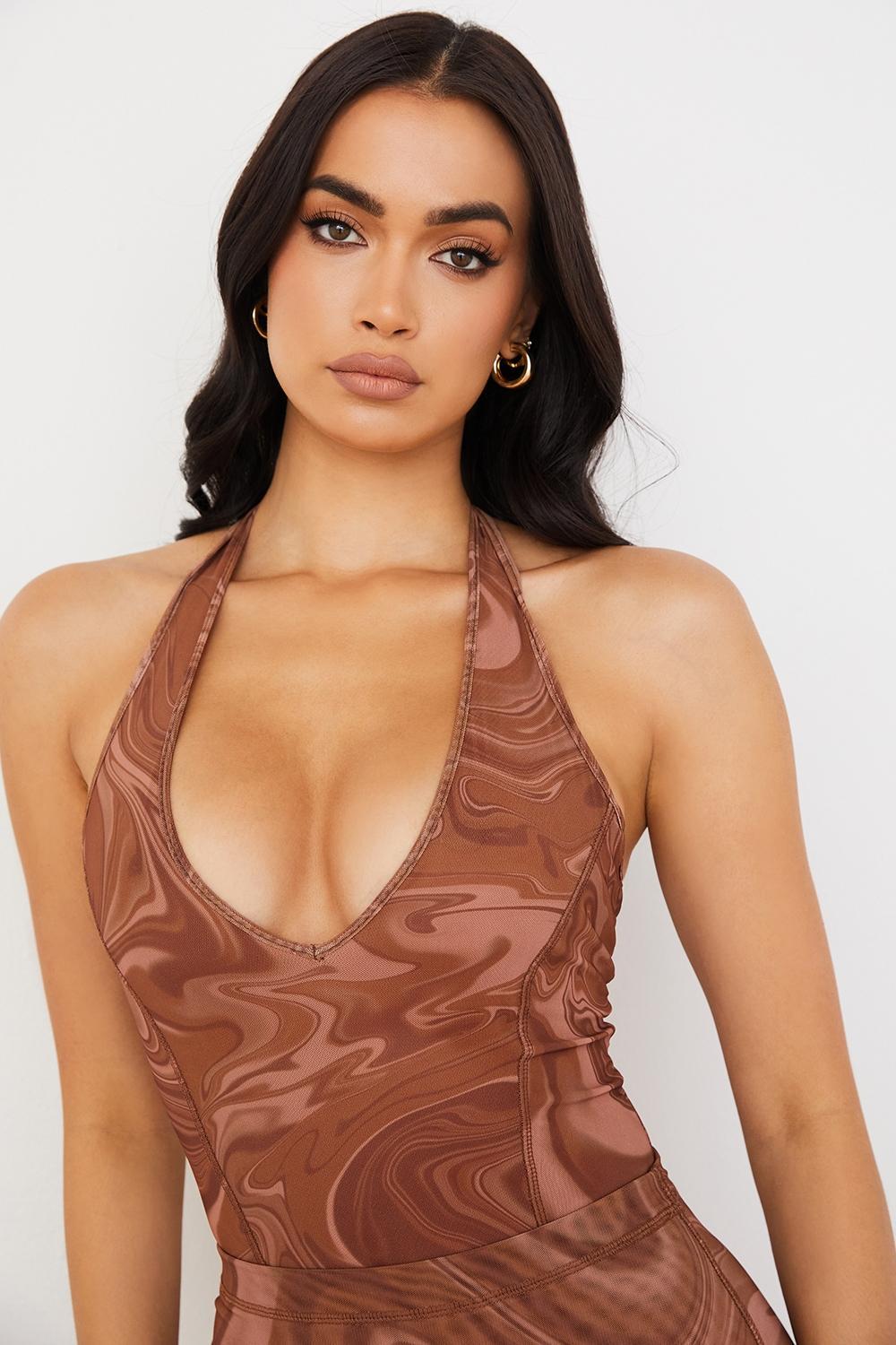 Sabine  cocoa swirl print halter bodysuit Product Image