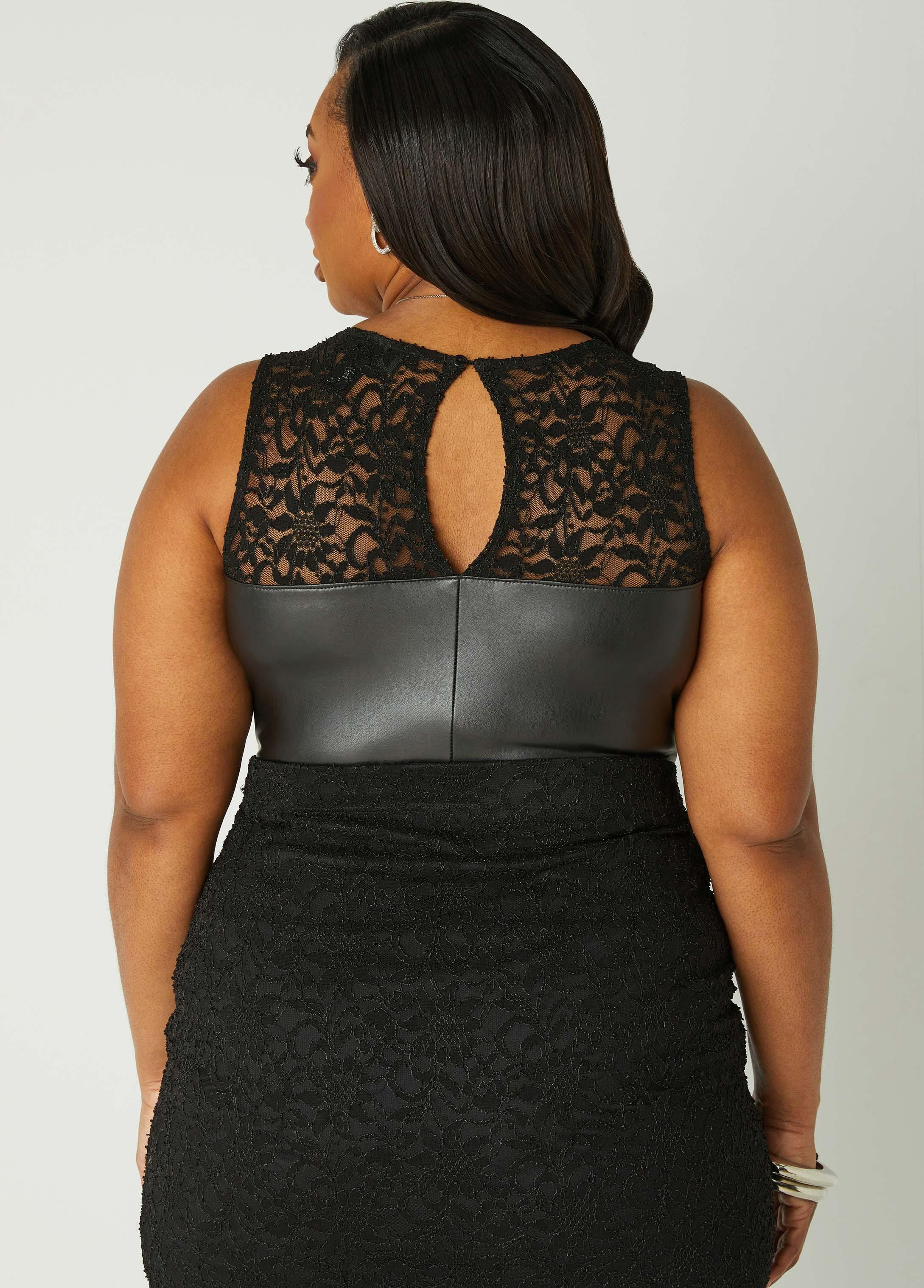 Plus Size Lace Paneled Faux Leather Bodysuit Ashley Stewart Product Image