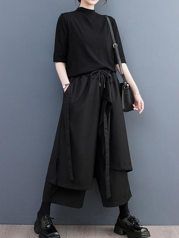 Wide Leg Loose Drawstring Solid Color Casual Pants Bottoms Culotte Product Image