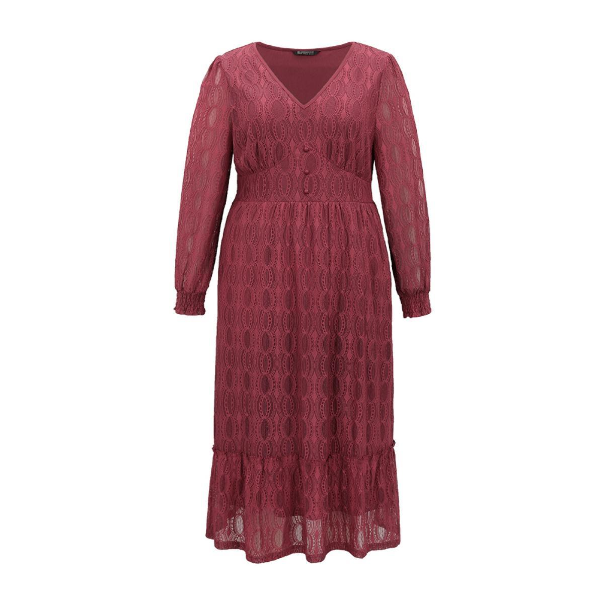 Plus Size Contrast Lace Button Detail Shirred Ruffle Hem Dress Scarlet Women Glamour Texture V-neck Long Sleeve Curvy Midi Dress BloomChic 10/M Product Image
