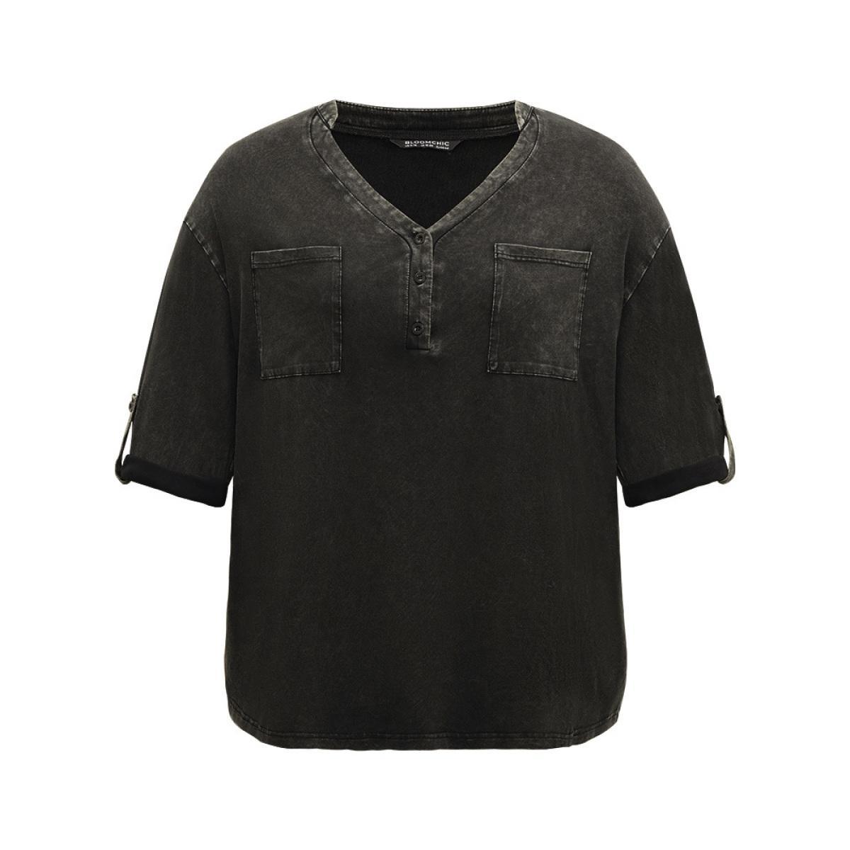 Plus Size Vintage Roll Tab Sleeve Button Up T-shirt Black Women Casual Plain Plain V-neck Dailywear T-shirts BloomChic 18-20/2X Product Image