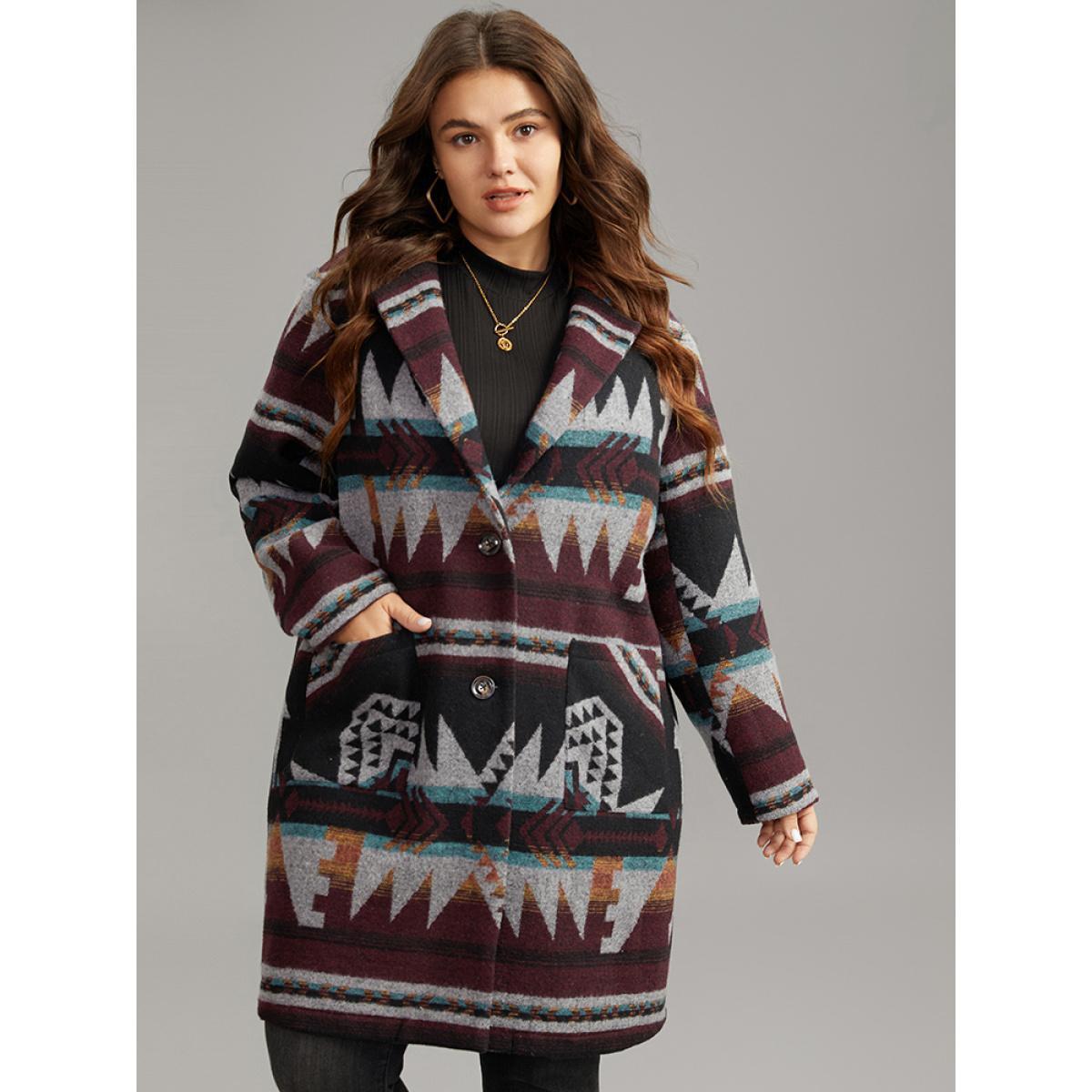 Plus Size Geometric Button Up Lapel Collar Coat Women DarkBrown Casual Printed Ladies Dailywear Winter Coats BloomChic 10/M Product Image