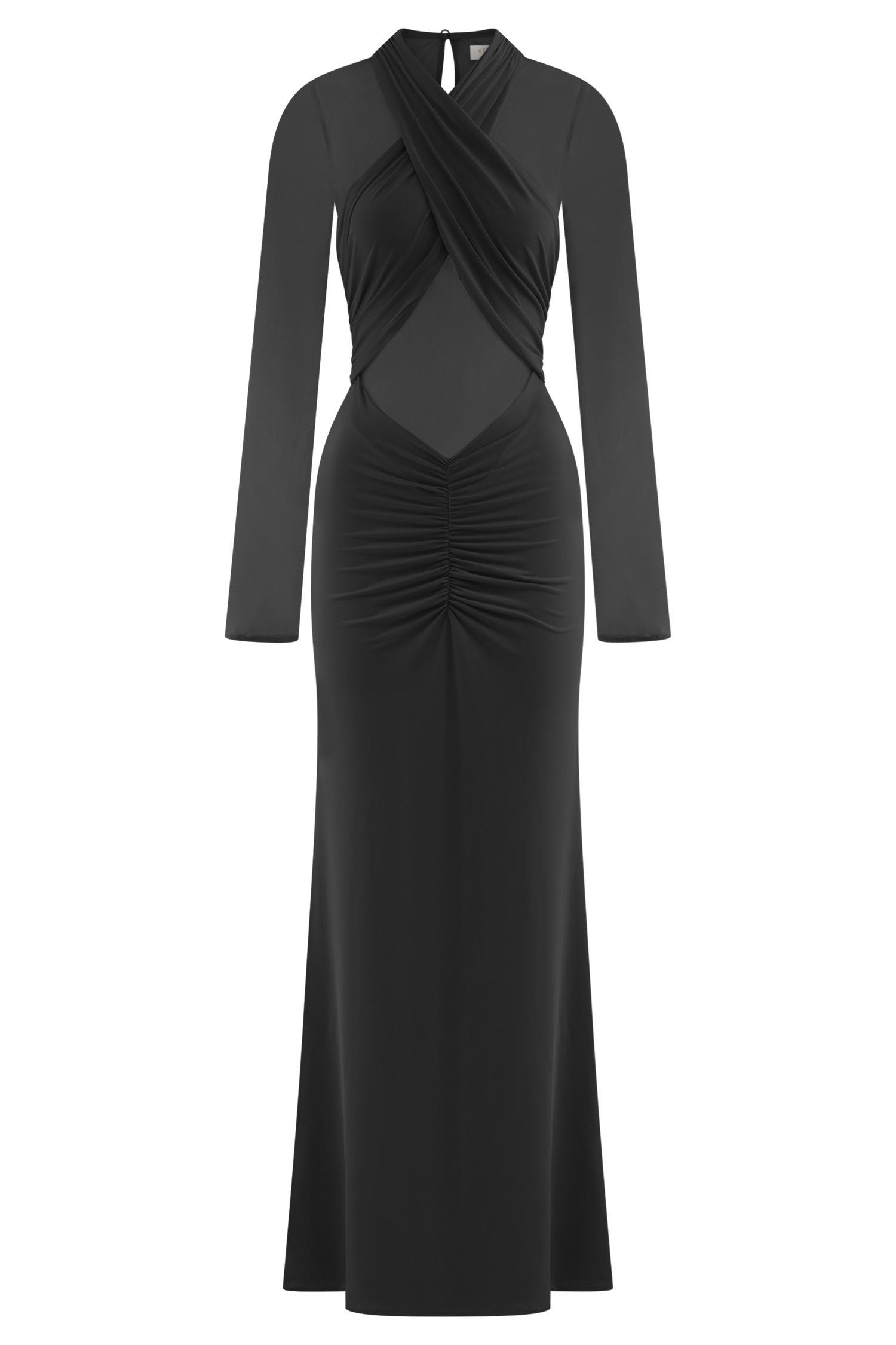 Tania Slinky And Mesh Long Sleeve Maxi Dress - Black Product Image