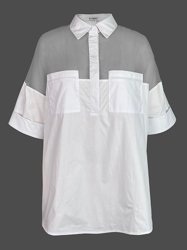 Short Sleeves See-Through Solid Color Split-Joint Lapel Blouses&Shirts Tops Product Image